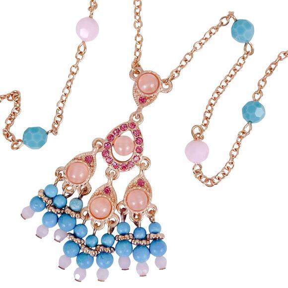 VTG Signed Joan Rivers Chandelier Pendant Necklace Howlite Gemstone Glass Beads - Picture 1 of 12